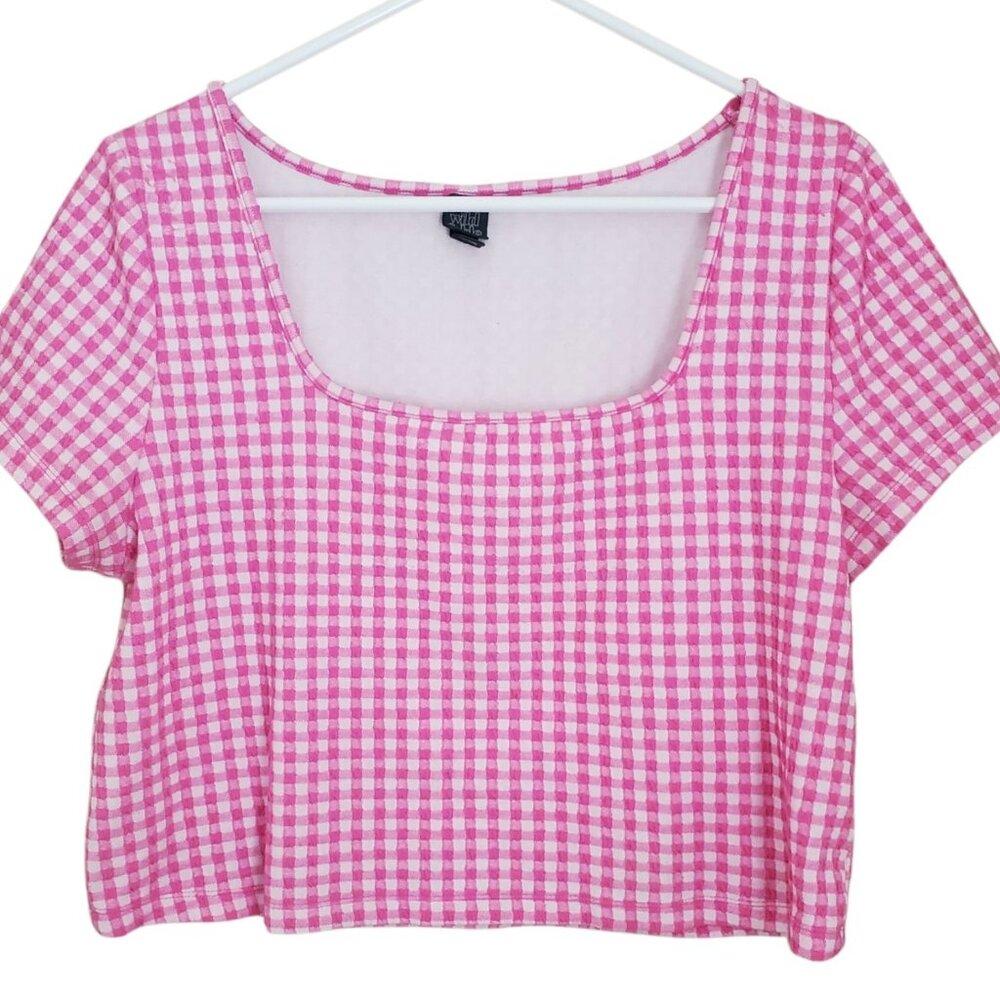Womens Crop Top Size XXL Stretch Pink Gingham Coquette Cottagecore Peasant Twee